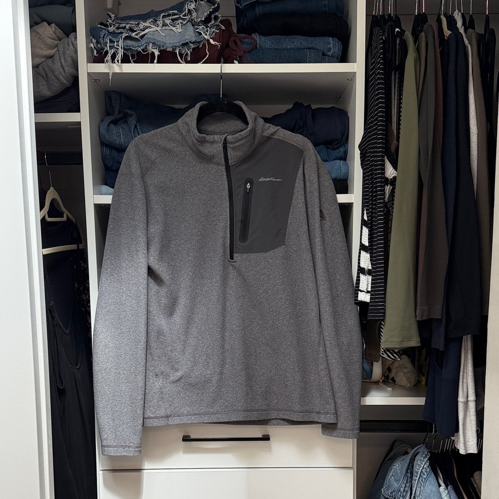 Eddie Bauer Men's Heather Gray Zip Chest-Pocket Fleece Pullover